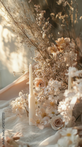 serene arrangement of soft flowers and candles creates whimsical boho atmosphere