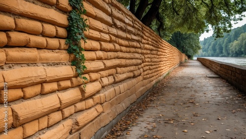 Scenic riverside pathway with textured orange brick wall surrounded by greenery and fallen leaves in autumn light photo