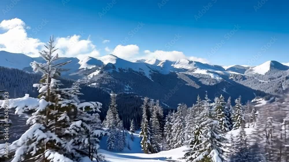 A breathtaking aerial video of a winter landscape featuring snow-covered pine trees and majestic mountains under a bright blue sky. The untouched snow adds a magical atmosphere. A breathtaking aerial video of a winter landscape featuring snow-covered pine trees and majestic mountains under a bright blue sky. The untouched snow adds a magical atmosphere.
