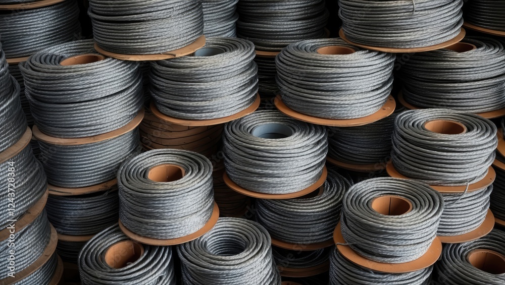 Stacked Coils of Steel Cable Wire Rope in a Warehouse Setting Stacked Coils of Steel Cable Wire Rope in a Warehouse Setting