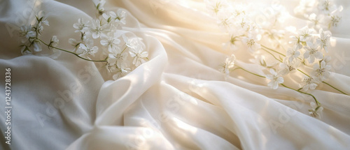 Soft white fabric with delicate flowers, creating romantic atmosphere