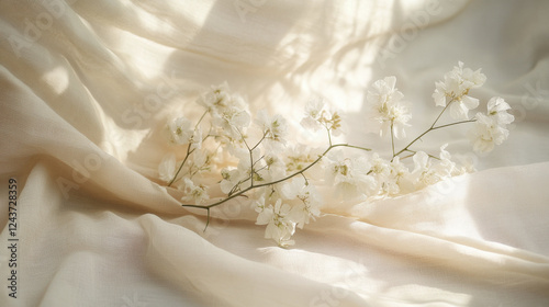 Delicate white flowers on soft fabric create serene and romantic atmosphere