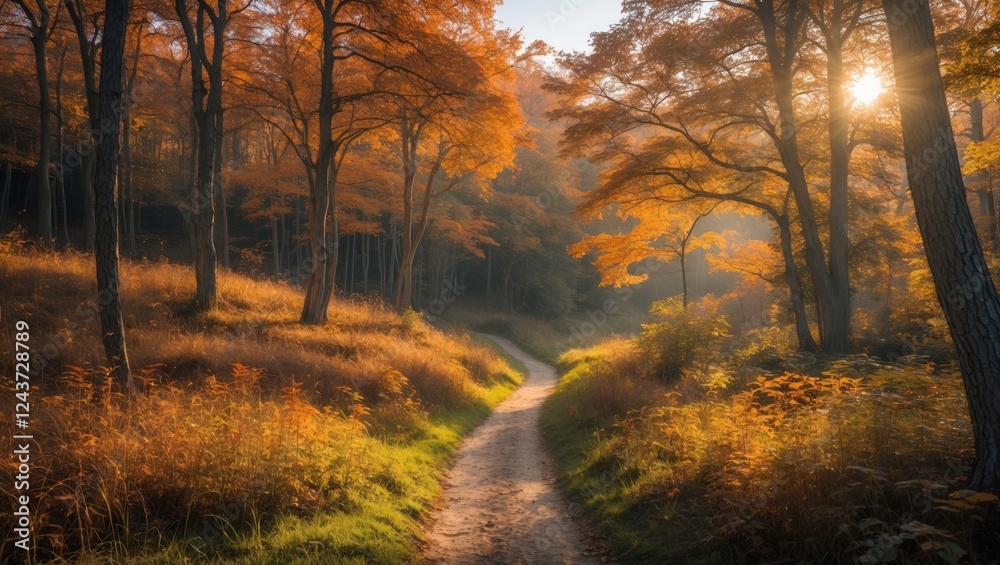Obraz premium Scenic Autumn Hiking Trail Through Enchanting Woodland Bathed In Warm Sunlight Natural Beauty And Tranquility In Nature Landscape Photography