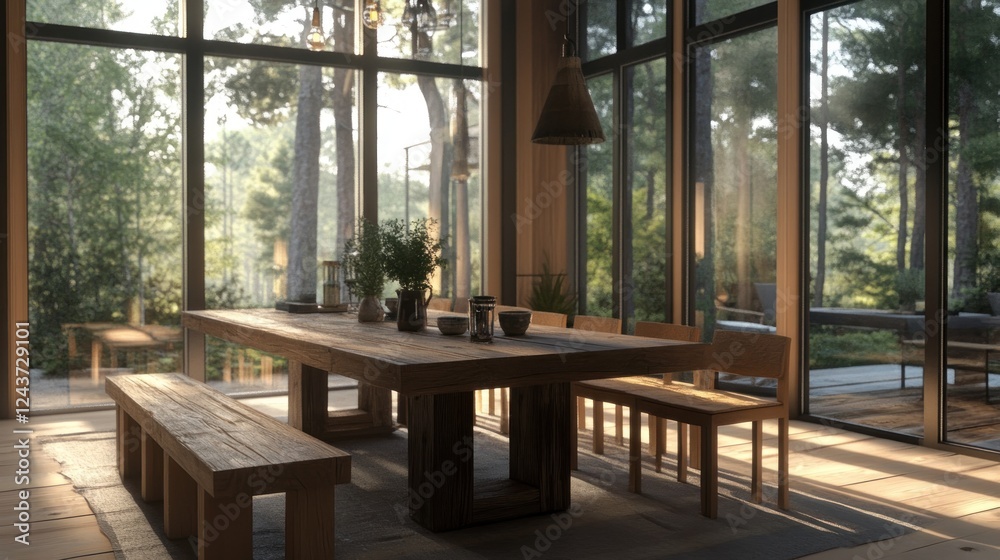 Fototapeta premium Sunlit modern dining room with large windows overlooking forest.