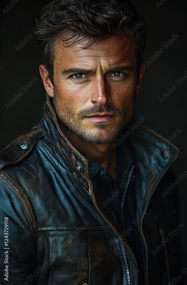 Obraz premium Dramatic Portrait of Intense Man in Black Leather Jacket with Chiaroscuro Lighting