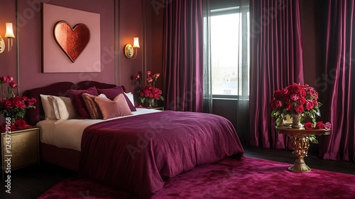 Bedroom with deep magenta drapes romantic rose arrangements on side tables and a heart emblazoned art piece for an intimate Valentines dcor concept no people photo