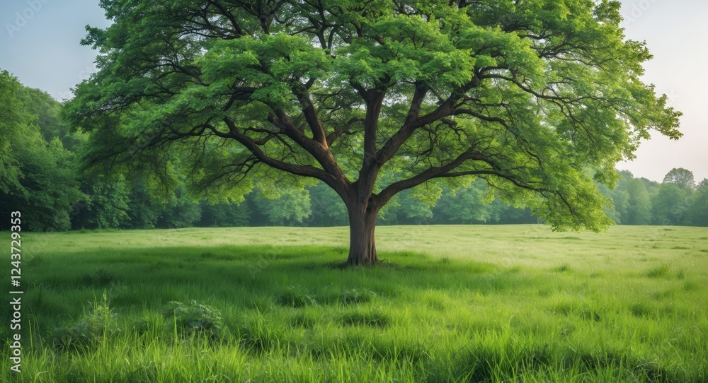 Majestic green tree standing in a serene meadow with lush grass and ample empty space for customizable text or branding elements. Majestic green tree standing in a serene meadow with lush grass and ample empty space for customizable text or branding elements.