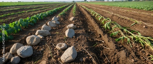 Cultivated farmer's field with soil, stones, and unharvested crops in neat rows showcasing agricultural progress and land management. photo