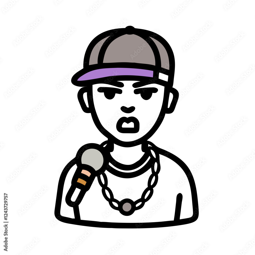 Rapper with microphone and cap, expressing confidence and style Rapper with microphone and cap, expressing confidence and style