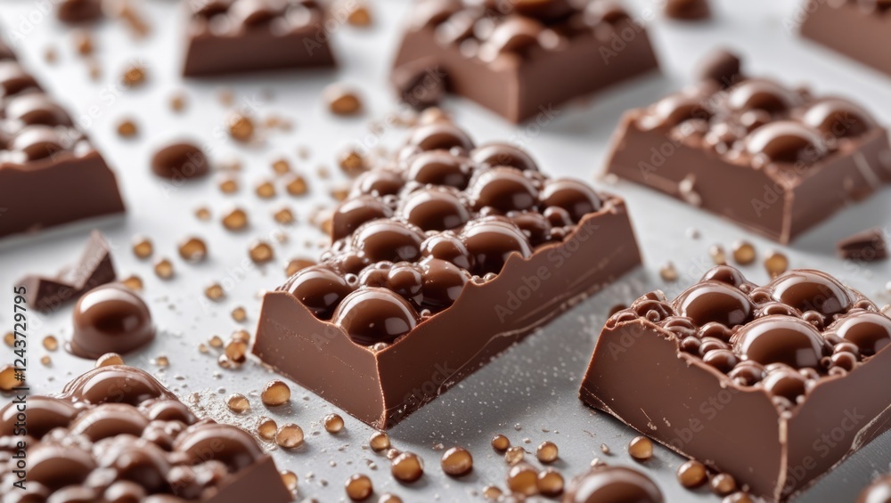 Aerated chocolate bar pieces with glossy bubbles and vibrant texture on a light background capturing sweet culinary details. Aerated chocolate bar pieces with glossy bubbles and vibrant texture on a light background capturing sweet culinary details.