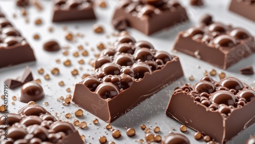 Aerated chocolate bar pieces with glossy bubbles and vibrant texture on a light background capturing sweet culinary details.