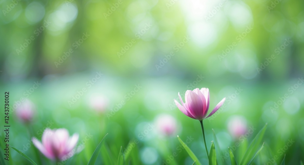Spring floral background with soft focus pink flowers and vibrant green hues creating a serene and tranquil nature-inspired atmosphere. Spring floral background with soft focus pink flowers and vibrant green hues creating a serene and tranquil nature-inspired atmosphere.