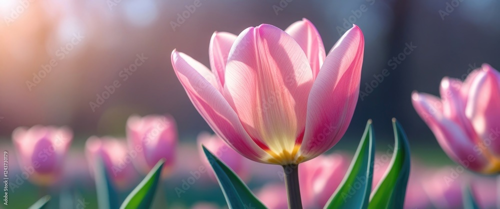 Beautiful pink tulip blooming towards the sunlight with a softly blurred background creating a serene garden atmosphere. Beautiful pink tulip blooming towards the sunlight with a softly blurred background creating a serene garden atmosphere.