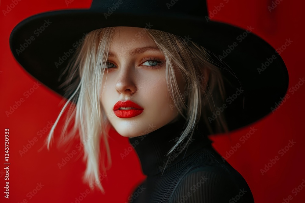 Сlose-up portrait of a woman in a black hat with red lips posing at studio. Сlose-up portrait of a woman in a black hat with red lips posing at studio.