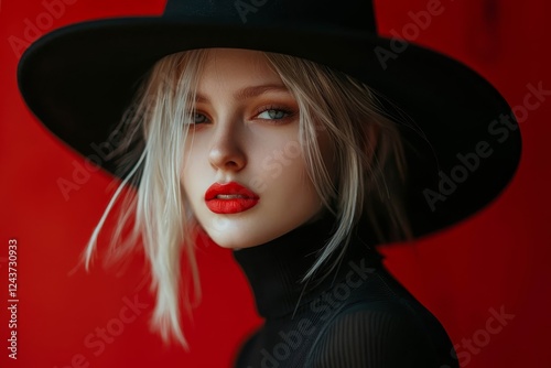 Сlose-up portrait of a woman in a black hat with red lips posing at studio.