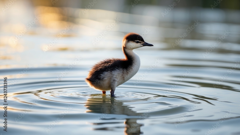 Fototapeta premium Graceful young grebe chick standing on serene water surface with gentle ripples and soft reflections showcasing peaceful aquatic life.