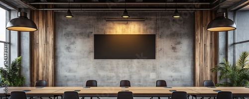 A professional virtual background of an industrial-style meeting room with concrete walls wooden accents and pendant lighting