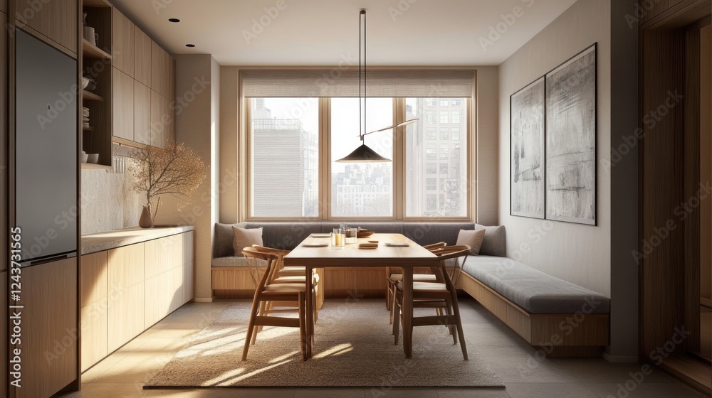 Fototapeta premium Sunlit minimalist dining area with built-in bench seating and wooden table.