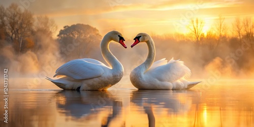 Fototapeta Naklejka Na Ścianę i Meble -  A majestic swan pair standing together on a misty lake shore at sunset with soft orange hues reflecting off the water, symbolizing devotion and loyalty , beautiful birds, swan love
