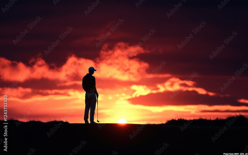 Silhouetted golfer at sunset, putter in hand, fiery sky backdrop. A breathtaking end to a day on the course. Silhouetted golfer at sunset, putter in hand, fiery sky backdrop. A breathtaking end to a day on the course.