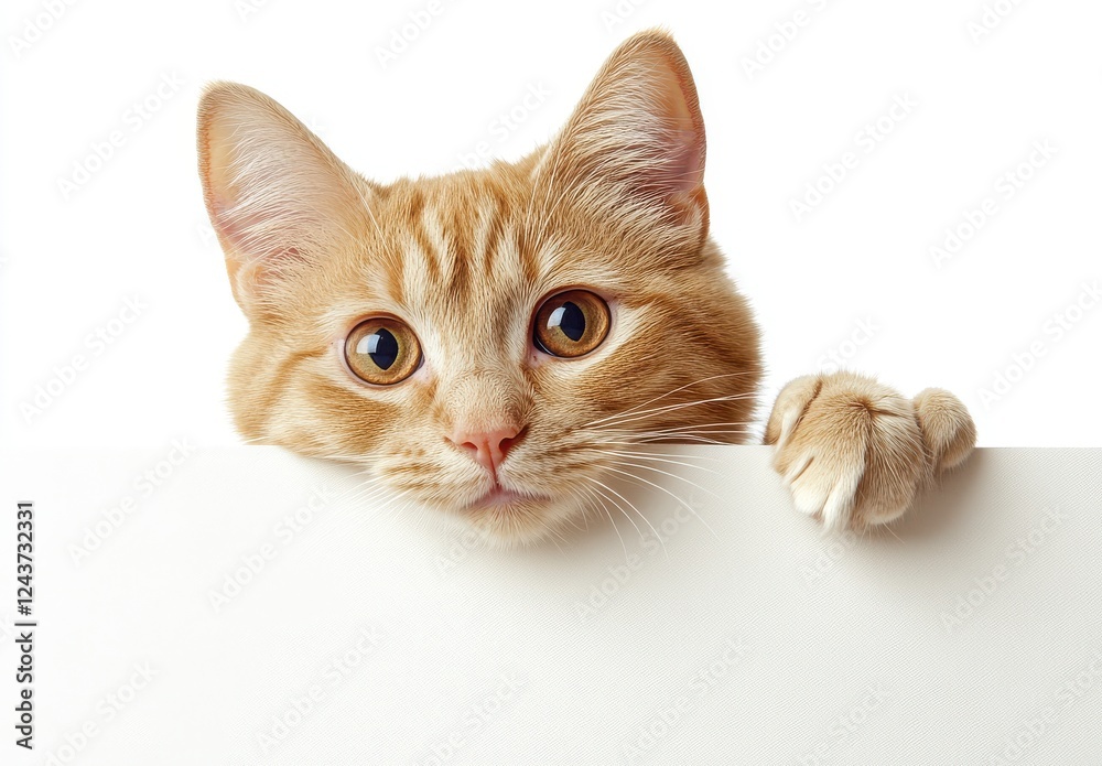 Fototapeta premium Adorable ginger cat with striking eyes peeking over a white surface, showcasing curiosity and playful spirit in a light and bright setting