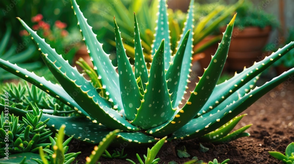 Vibrant green Aloe vera plant thriving in a garden setting with rich soil and lush surrounding greenery. Vibrant green Aloe vera plant thriving in a garden setting with rich soil and lush surrounding greenery.