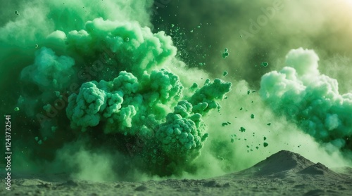 Vibrant Green Smoke Explosion with Bokeh Effect in a Dramatic Background for Creative Visuals