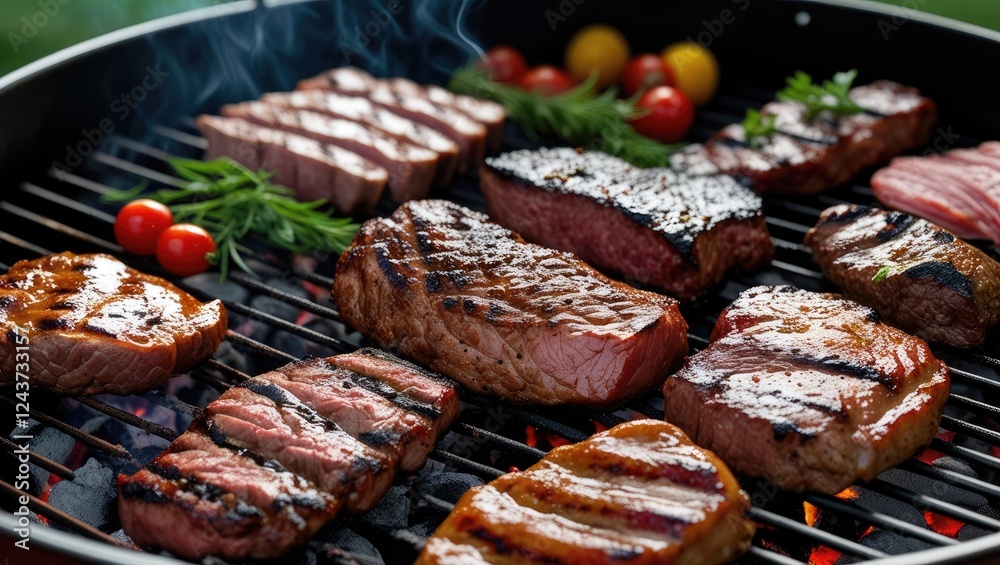 Succulent Grilled Meat Selections on Barbecue with Fresh Herbs and Vegetables Ready for Summer Cookout and Outdoor Dining Experience Succulent Grilled Meat Selections on Barbecue with Fresh Herbs and Vegetables Ready for Summer Cookout and Outdoor Dining Experience