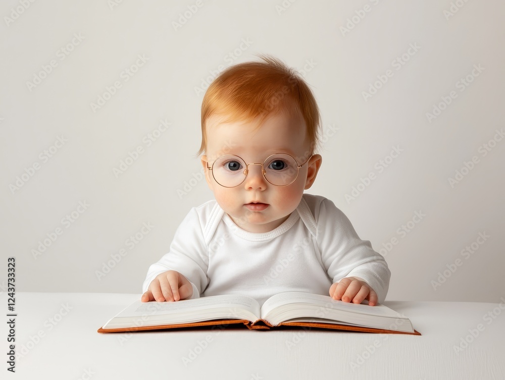 Adorable baby with stylish glasses engrossed in reading a colorful book Adorable baby with stylish glasses engrossed in reading a colorful book