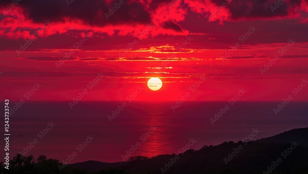 Vibrant sunset over calm ocean with dramatic red and orange sky reflecting on the water creating a serene and picturesque landscape. Vibrant sunset over calm ocean with dramatic red and orange sky reflecting on the water creating a serene and picturesque landscape.