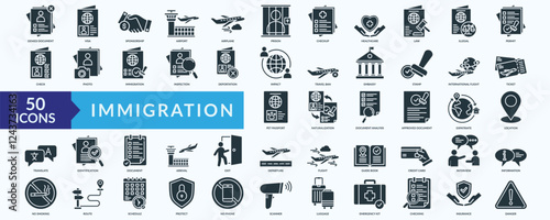 Immigration icon collection set with visa, airport, airplane, international flight, pet passport
