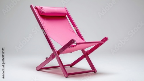 Bright Pink Foldable Beach Chair Displayed on White Background Ideal for Summer Lifestyle and Outdoor Relaxation Themes photo