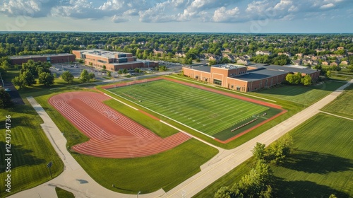 Aerial view of a school sports complex, featuring a bright running track and academic buildings