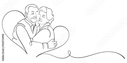 Elderly couple in continuous line art drawing style. Vector illustration