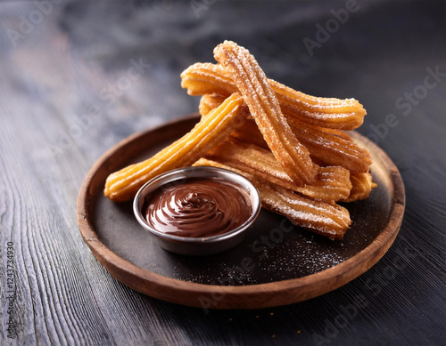 delicious churros stacked high served with a rich chocolate dip perfect for street food lovers and dessert enthusiasts