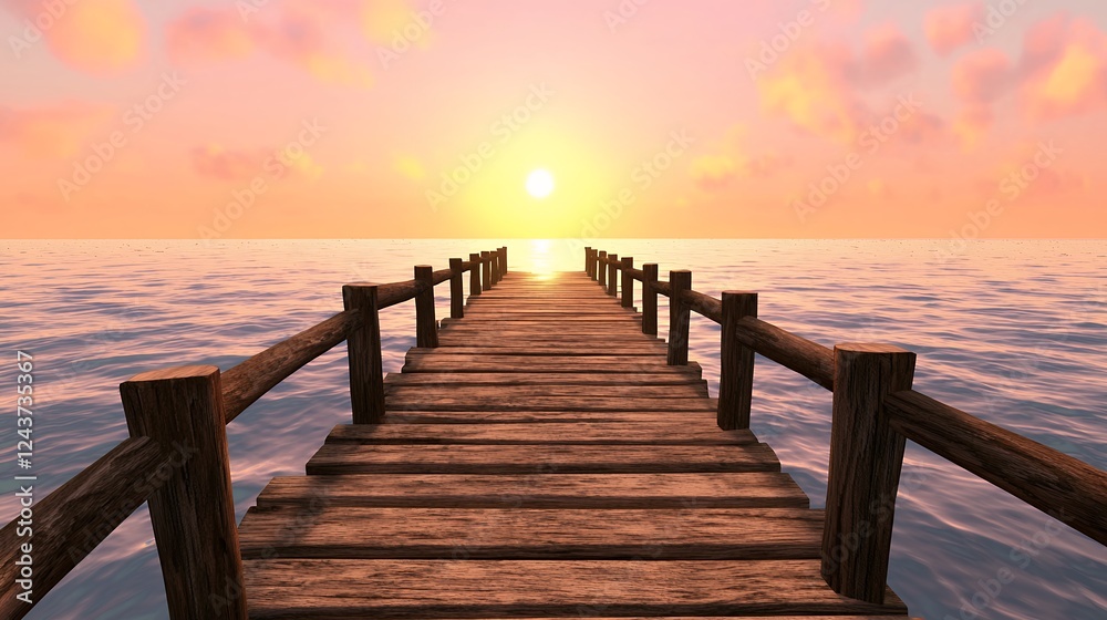 Obraz premium Serene Sunset over Calm Ocean with Wooden Pier