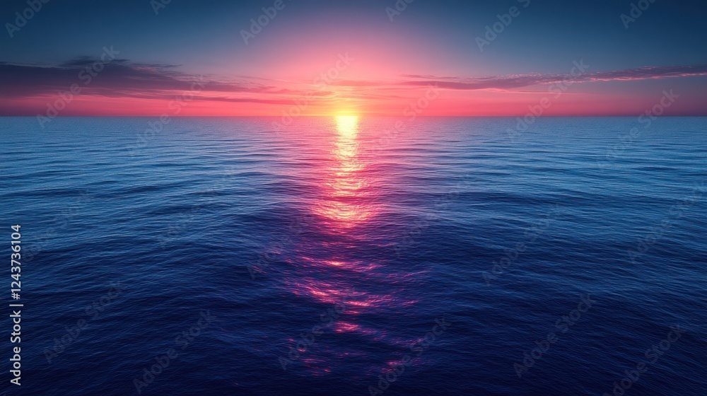 Fototapeta premium Ocean sunset, pink sky, calm waves, cruise ship wake