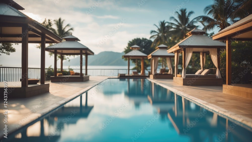Serene Hotel Poolscape with Gazebos and Lush Palms Under Soft Morning Light Serene Hotel Poolscape with Gazebos and Lush Palms Under Soft Morning Light