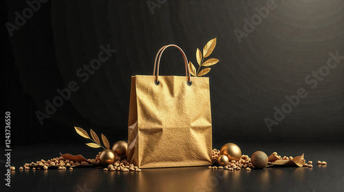 A gold bag is on a table with gold balls scattered around it. The bag is open and the gold balls are arranged in a way that creates a sense of luxury and opulence