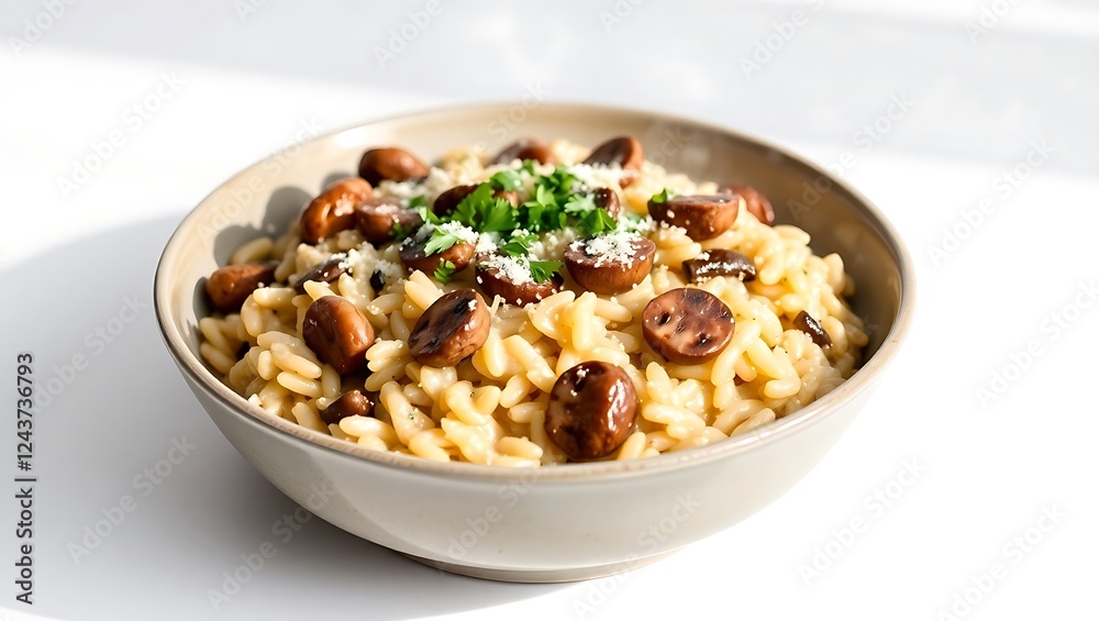 Delicious pasta with mushrooms and cheese in a light bowl Delicious pasta with mushrooms and cheese in a light bowl