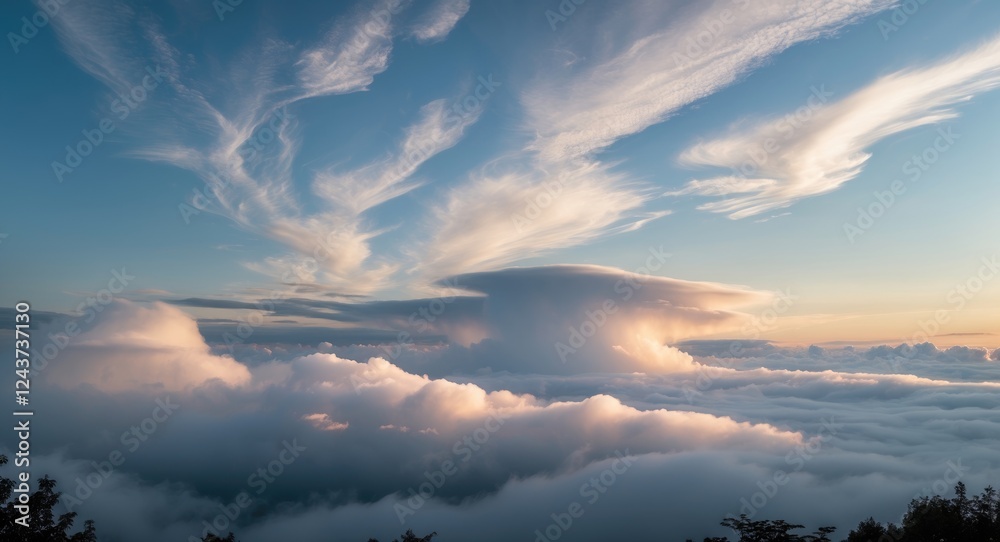 Graceful Cirrus and Stratus Clouds Gliding Through a Tranquil Morning Sky Displaying Beautiful Colors and Textures in Nature Graceful Cirrus and Stratus Clouds Gliding Through a Tranquil Morning Sky Displaying Beautiful Colors and Textures in Nature