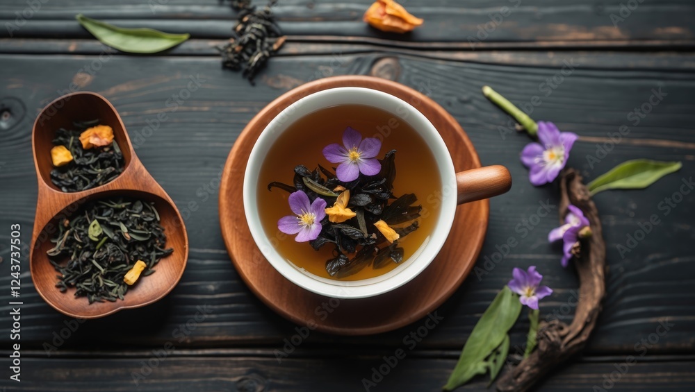 Blended green tea with floral accents in a wooden cup and spoon atop a dark wooden table showcases a tranquil tea experience. Blended green tea with floral accents in a wooden cup and spoon atop a dark wooden table showcases a tranquil tea experience.