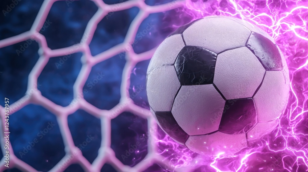 Obraz premium A soccer ball colliding with a glowing electric net in a sports stadium or field creating a dynamic and high energy scene with lightning like effects and vibrant colors
