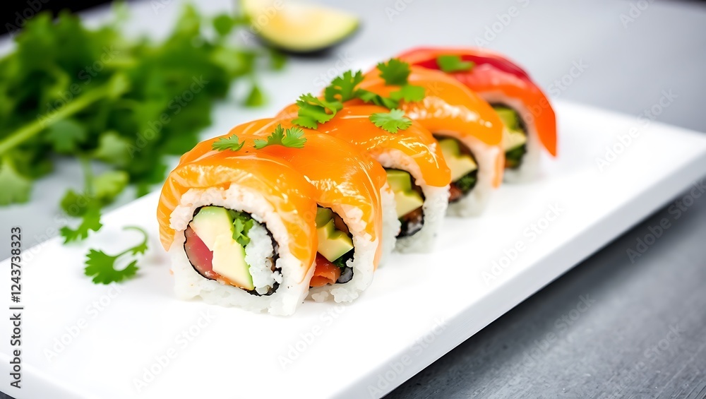 Colorful sushi rolls topped with fresh salmon and herbs on a plate Colorful sushi rolls topped with fresh salmon and herbs on a plate