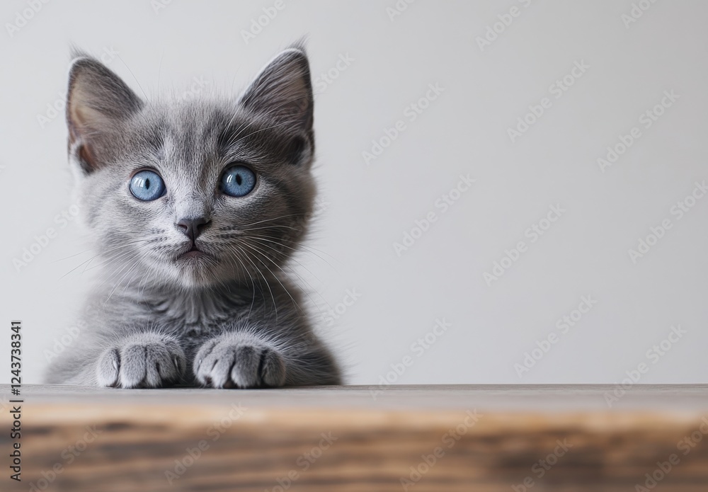 Adorable Grey Kitten with Striking Blue Eyes Curiously Looking Over a Wooden Surface in a Minimalistic and Neutral Background Adorable Grey Kitten with Striking Blue Eyes Curiously Looking Over a Wooden Surface in a Minimalistic and Neutral Background