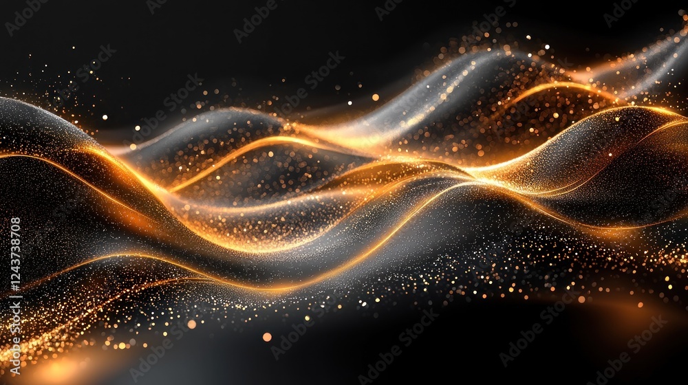 Fototapeta premium Abstract waves of shimmering gold and silver particles flowing elegantly against a dark background, creating a dynamic visual effect