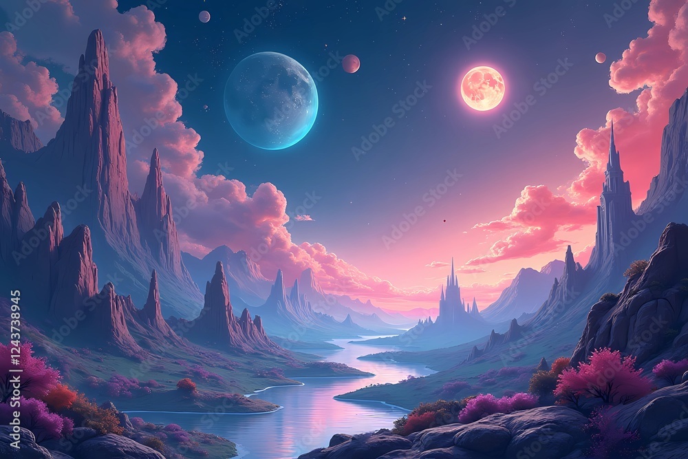 Fantastic alien landscape with many planets, a glowing river, a winding path, against a dark blue cosmic background Fantastic alien landscape with many planets, a glowing river, a winding path, against a dark blue cosmic background