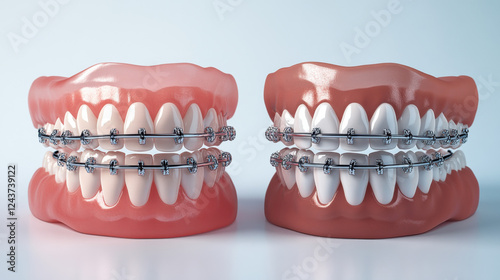 Realistic dental braces on upper and lower dental molds showcasing metal brackets and clear aligners designed for orthodontic treatment and teeth alignment improvement.