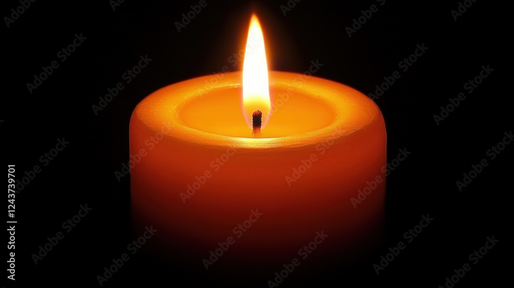 Warm Glow of a Single Orange Candle Flame Illuminating Darkness, Creating a Serene Atmosphere of Tranquility and Reflection for Meditation or Relaxation Purposes Warm Glow of a Single Orange Candle Flame Illuminating Darkness, Creating a Serene Atmosphere of Tranquility and Reflection for Meditation or Relaxation Purposes