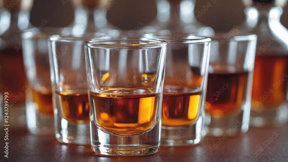Premium Shot Glasses Filled with Amber Liquor Displayed on Wooden Surface Premium Shot Glasses Filled with Amber Liquor Displayed on Wooden Surface
